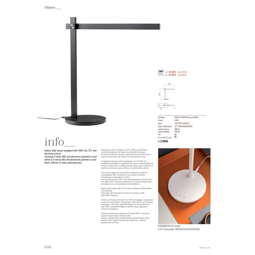 Redo 01-2213 - Lampada da tavolo LED dimmerabile con funzione Touch OMEO LED/5,5W/230V 3000/4500/6500K nero