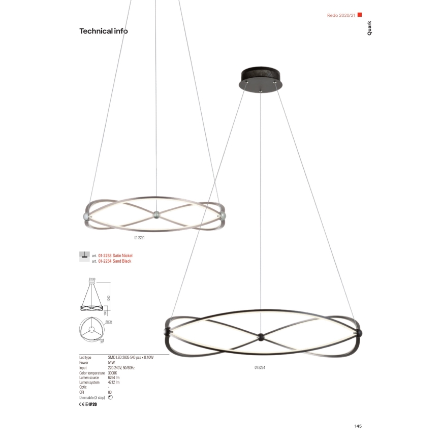 Redo 01-2251 - Lampadario a sospensione con filo LED dimmerabile QUARK LED/43W/230V 3000K diametro 60 cm cromo opaco