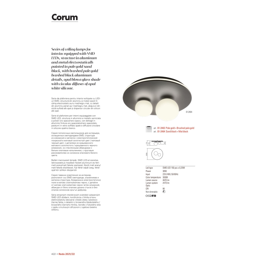 Redo 01-2466 - Plafoniera LED CORUM LED/48W/230V 3000K CRI 90 nera