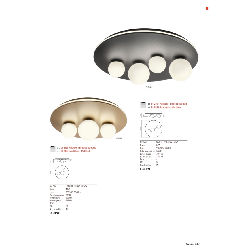 Redo 01-2466 - Plafoniera LED CORUM LED/48W/230V 3000K CRI 90 nera