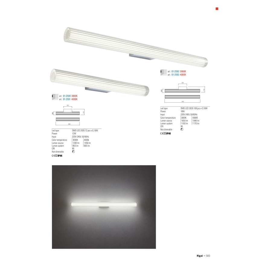 Redo 01-2591 - LED-Badspiegelleuchte RIGAL LED/12W/230V 60 cm CRI 90 IP44 Hochglanzchrom/Weiß