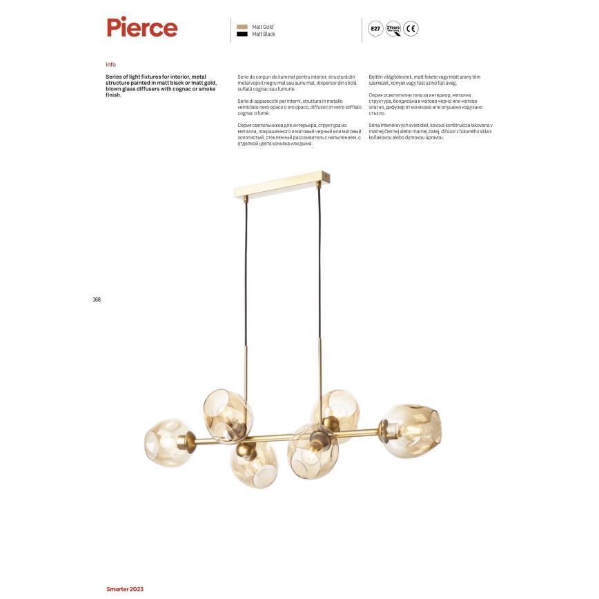 Redo 01-2619 - Suspension filaire PIERCE 6xE27/42W/230V doré/fumé