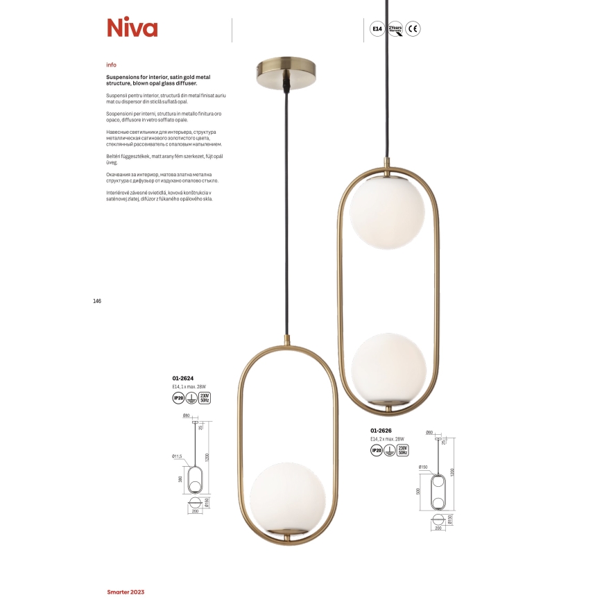 Redo 01-2625 - Lampadario a sospensione con filo NIVA 2xE14/28W/230V