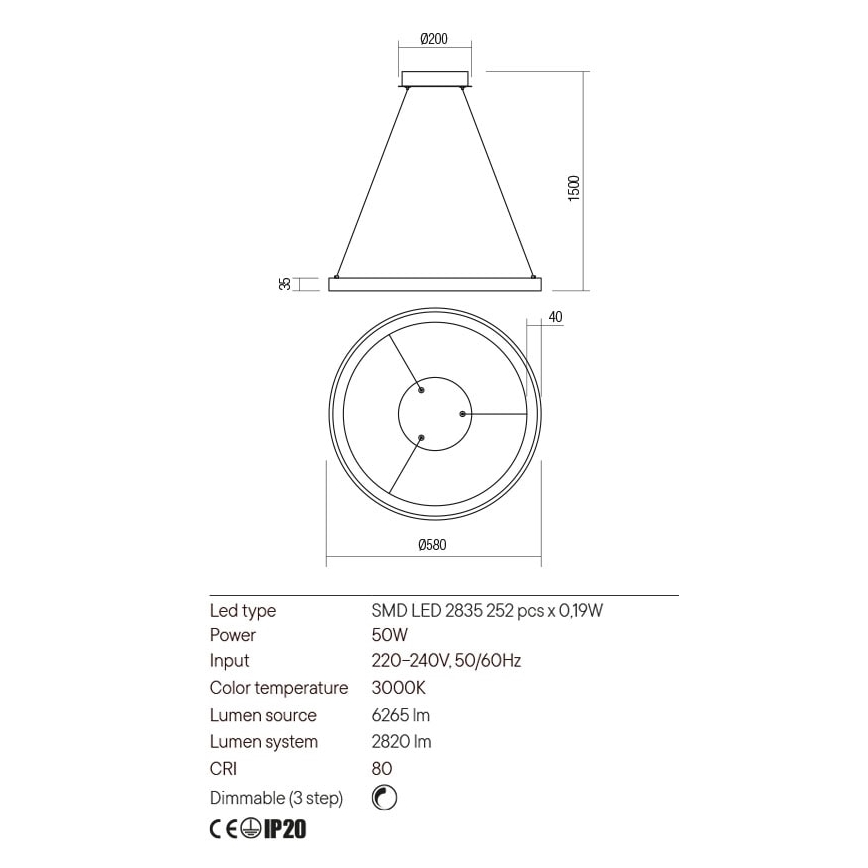 Redo 01-2673 - Lampadario a sospensione con filo LED dimmerabile ICONIC LED/50W/230V diametro 58 cm oro
