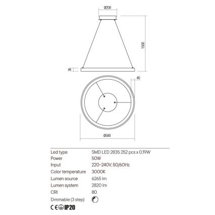 Redo 01-2674- Lampadario a sospensione con filo LED dimmerabile ICONIC LED/50W/230V diametro 58 cm nero