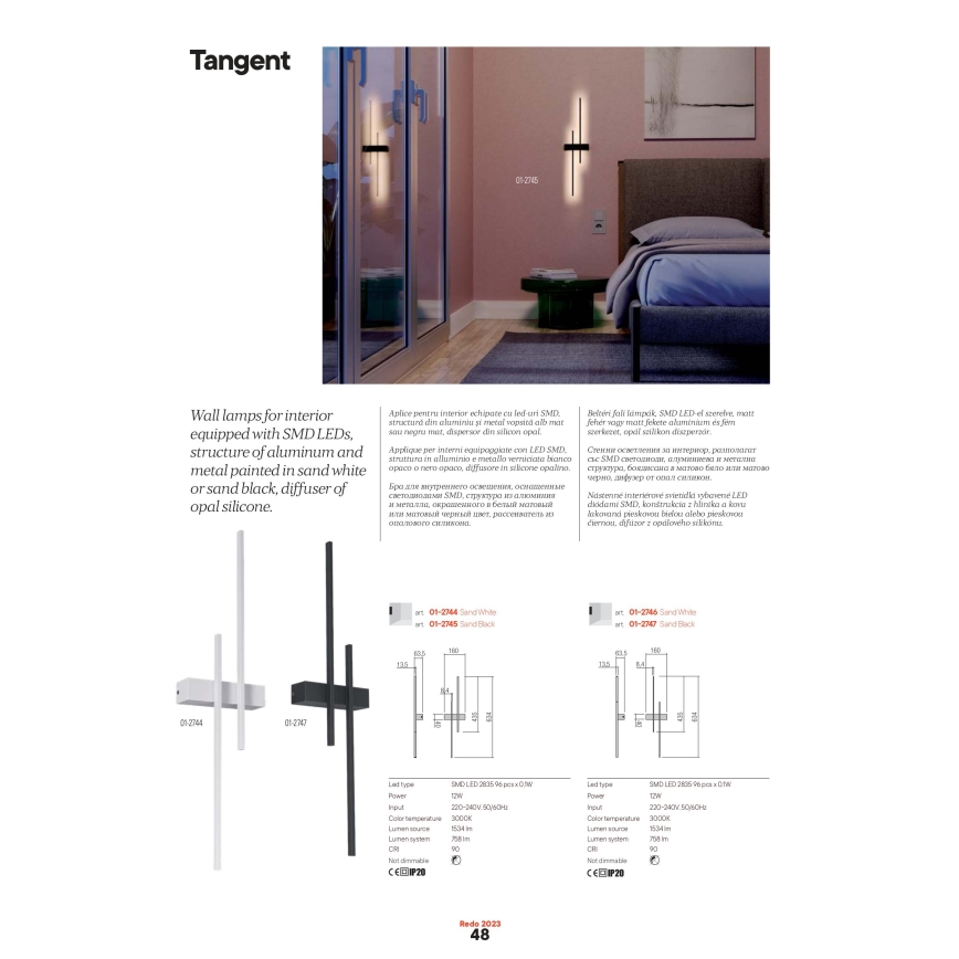 Redo 01-2746 - Applique murale TANGENT LED/13W/230V 3000K 63,4 cm IRC 90 blanche
