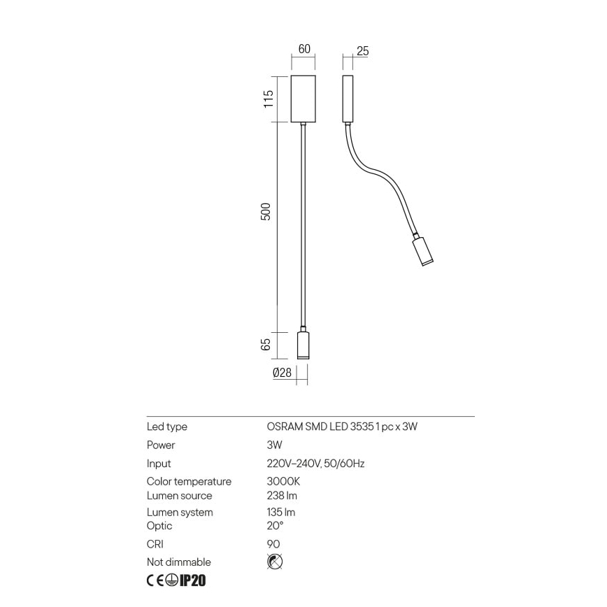 Redo 01-2754 - Lampada flessibile LED WALLIE LED/3W/230V USB CRI 90 bianco