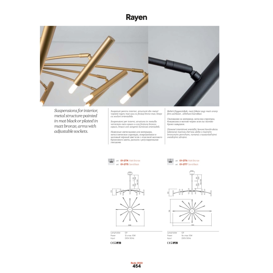 Redo 01-2774 - Suspension avec tige RAYEN 12xG9/10W/230V bronze