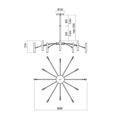 Redo 01-2774 - Suspension avec tige RAYEN 12xG9/10W/230V bronze