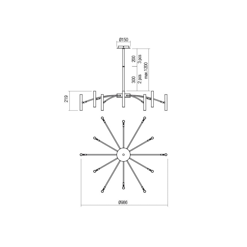 Redo 01-2774 - Suspension avec tige RAYEN 12xG9/10W/230V bronze