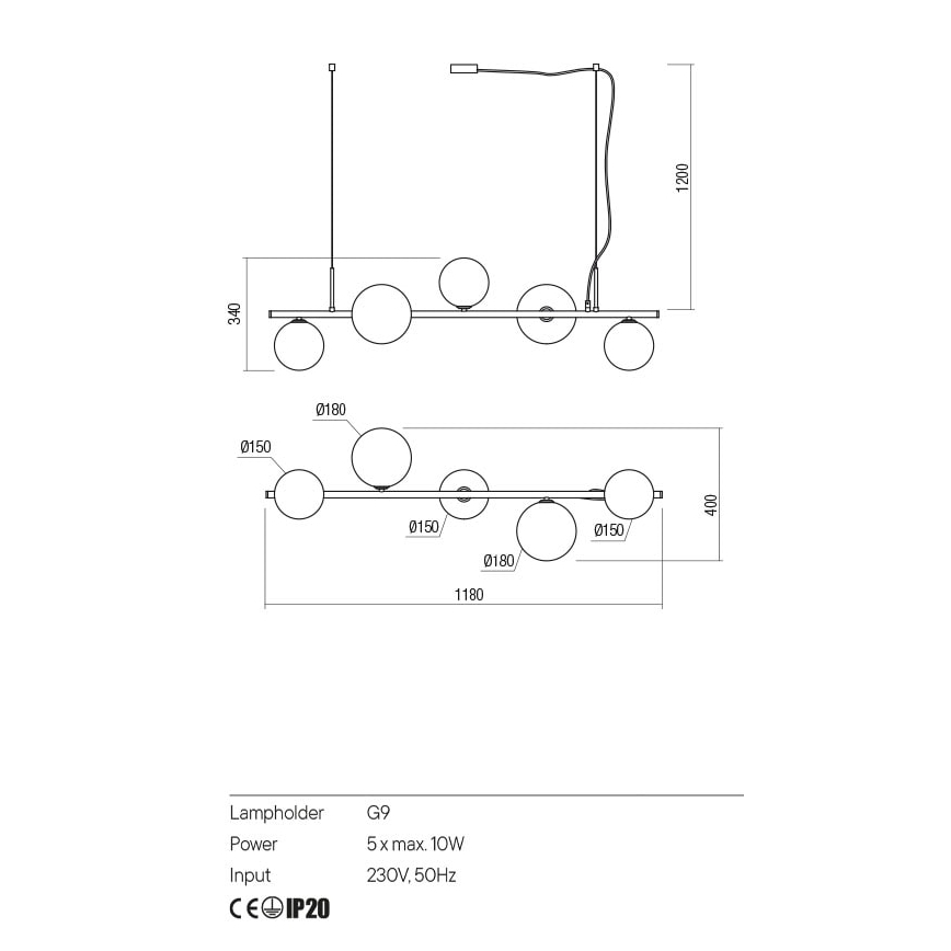 Redo 01-2779 - Suspension avec tige ROY 5xG9/10W/230V