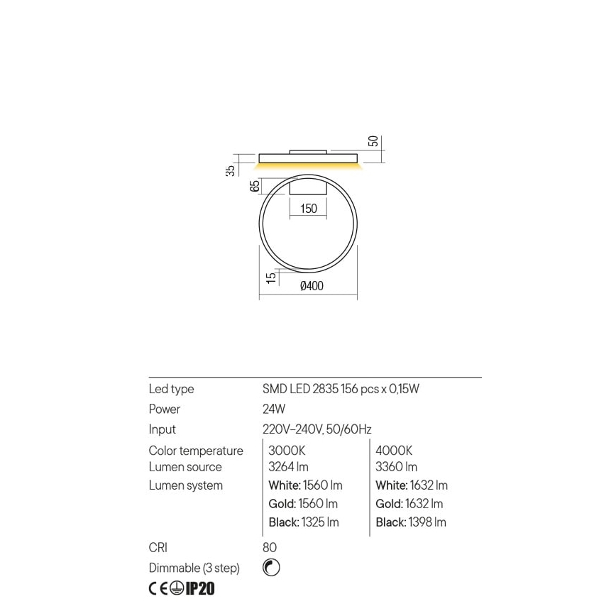 Redo 01-2835 - Applique murale à intensité variable FEBE LED/24W/230V doré