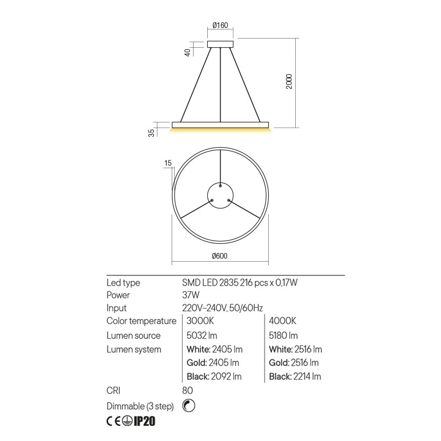 Redo 01-2865 - Suspension filaire à intensité variable FEBE LED/37W/230V doré