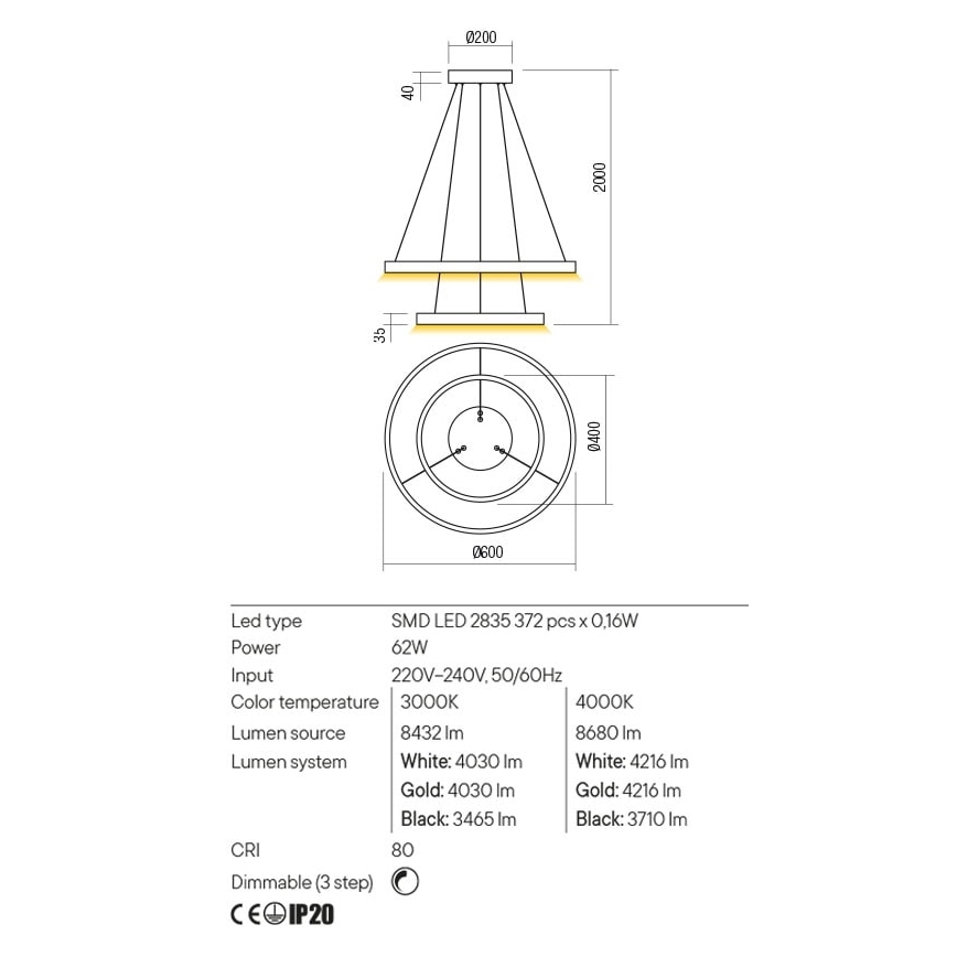 Redo 01-2889 - Lampadario a sospensione con filo LED dimmerabile FEBE LED/62W/230V oro