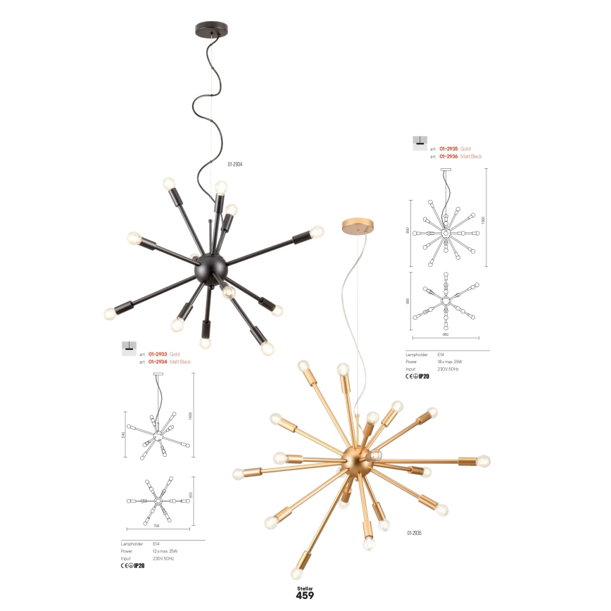 Redo 01-2936 - Lampadario a sospensione con filo STELLAR 18xE14/25W/230V nero