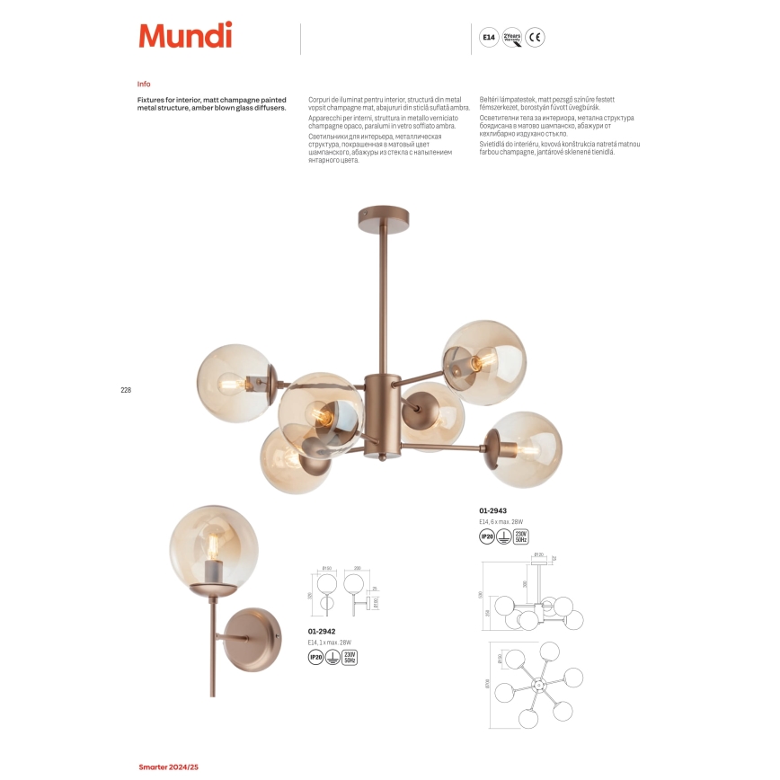 Redo 01-2942 - Applique MUNDI 1xE14/28W/230V rame/fumé
