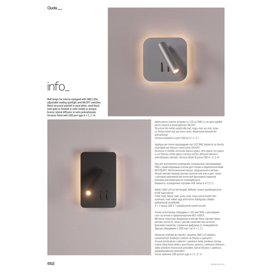 Redo 01-2977 - Applique murale LED QUDA LED/6W/230V + LED/3W 3000K CRI 90, dorée