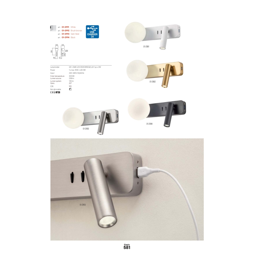 Redo 01-2994 - Applique murale LED OASIS LED/3W/230V + 1xG9/10W USB IRC 90 noir