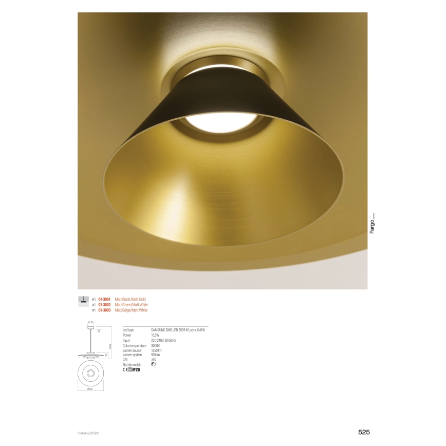 Redo 01-3001 - Lustre LED sur câble FARGO LED/16,5W/230V CRI 90 Ø 50 cm noir/or