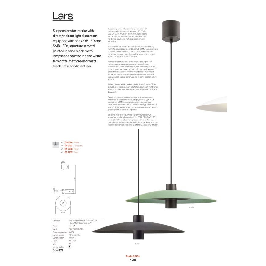 Redo 01-3019 - Lampadario LED sospeso su cavo LARS LED/14W/230V + LED/10W Ø 60 cm CRI 90 verde