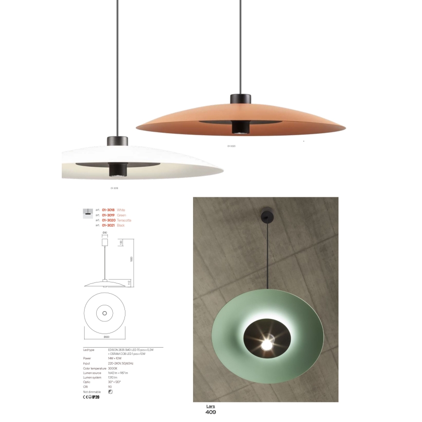 Redo 01-3019 - Suspension LED sur câble LARS LED/14W/230V + LED/10W Ø 60 cm CRI 90 vert