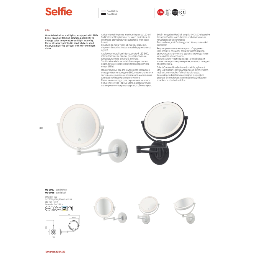 Redo 01-3088 - Dimmbarer LED-Touch-Kosmetikspiegel SELFIE LED/7W/230V 3000/4000/6000K schwarz