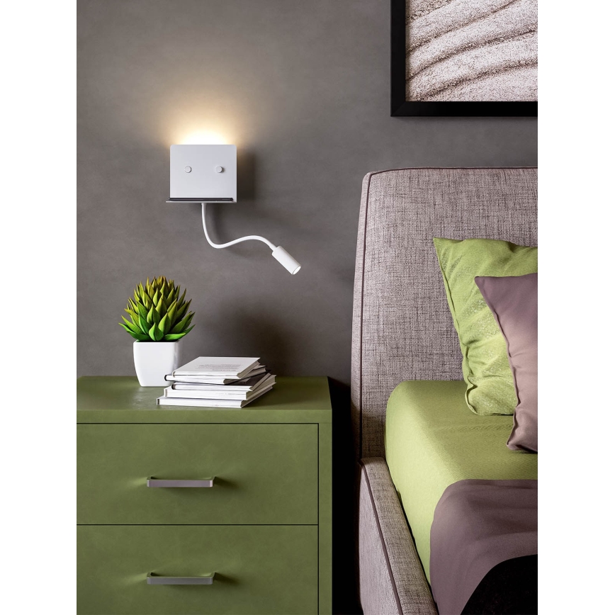 Redo 01-3210 - Applique murale avec une petite lampe flexible MOKA LED/6W + LED/3W/230V USB CRI90 blanc