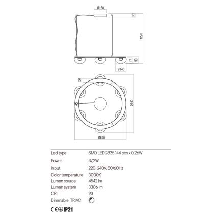Redo 01-3247- Suspension filaire à intensité variable SINCLAIR LED/37,2W/230V CRI 93 IP21 doré