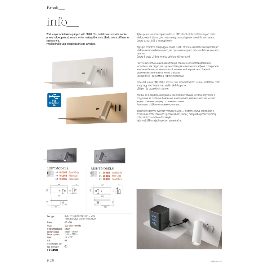 Redo 01-3316 - Luce Spot da parete a LED BROOK LED/8W/230V + LED/3W USB CRI 90 nero destra