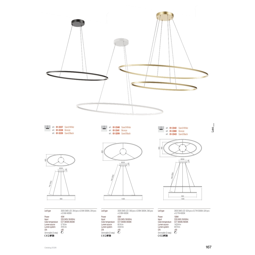 Redo 01-3338 - Lampadario LED dimmerabile sospeso con cavo LEO LED/48W/230V 3000/4000K CRI 90 40x95 cm finitura bronzata