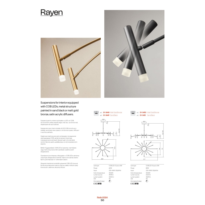 Redo 01-3448 - Lampadario dimmerabile LED su asta RAYEN LED/60W/230V CRI 90 oro
