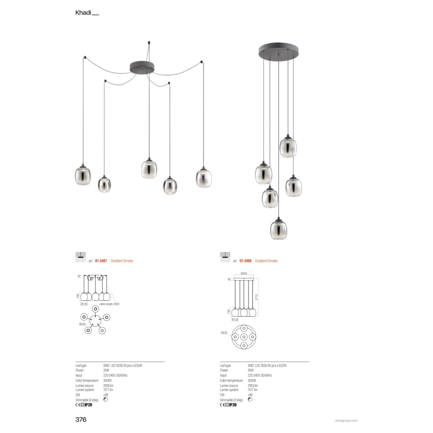 Redo 01-3487 - dimmbare LED-Pendelleuchte an Kabel KHADI 5xLED/5,2W/230V CRI 90 Spider schwarz/rauchfarben