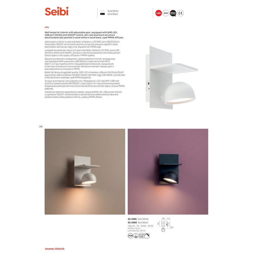 Redo 01-3491 - Spot mural SEIBI LED/7W/230V USB CRI 90 noir