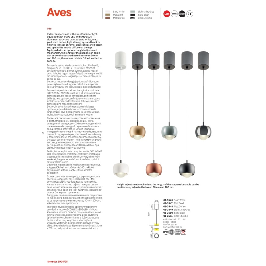 Redo 01-3548 - Lampadario LED a sospensione con filo AVES LED/12W/230V diametro 9,6 cm CRI 90 rame