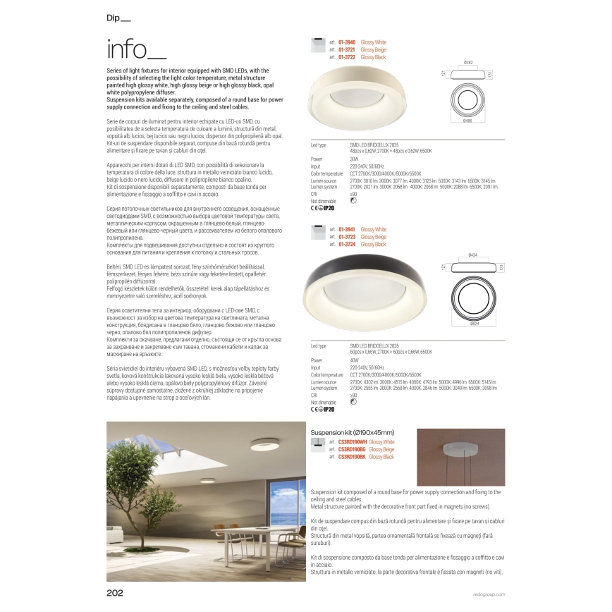 Redo 01-3941 - Plafonnier LED DIP/40W/230V 2700/3000/4000/5000/6500K IRC 90 Ø 62,4 cm blanc