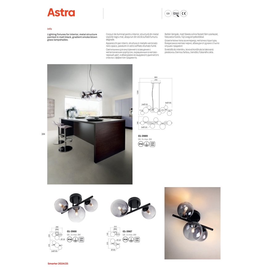 Redo 01-3989 - Suspension filaire ASTRA 9xG9/8W/230V noir