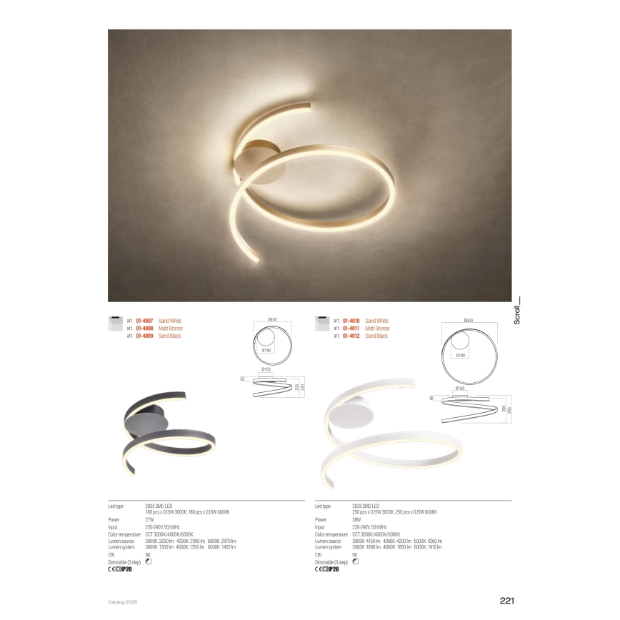 Redo 01-4012 - Plafoniera LED dimmerabile SCROLL LED/38W/230V 3000K/4000K/6000K CRI 90 Ø 60 cm nero