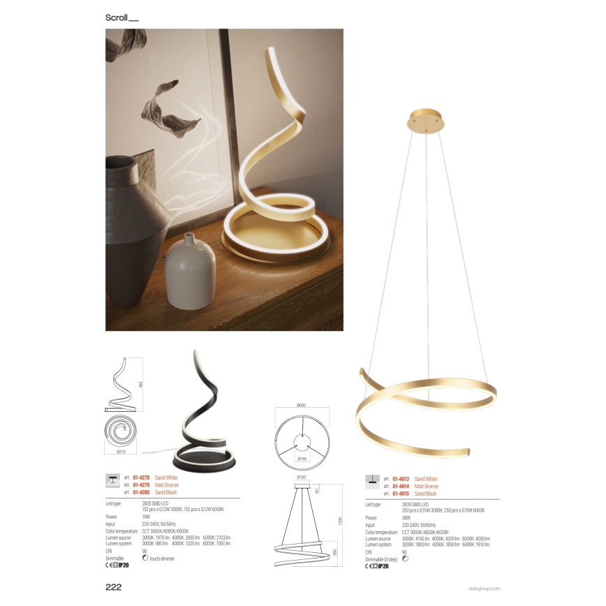 Redo 01-4013 - LED dimmbare Hängeleuchte an Kabel SCROLL LED/38W/230V 3000K/4000K/6000K CRI 90 Ø 60 cm weiß