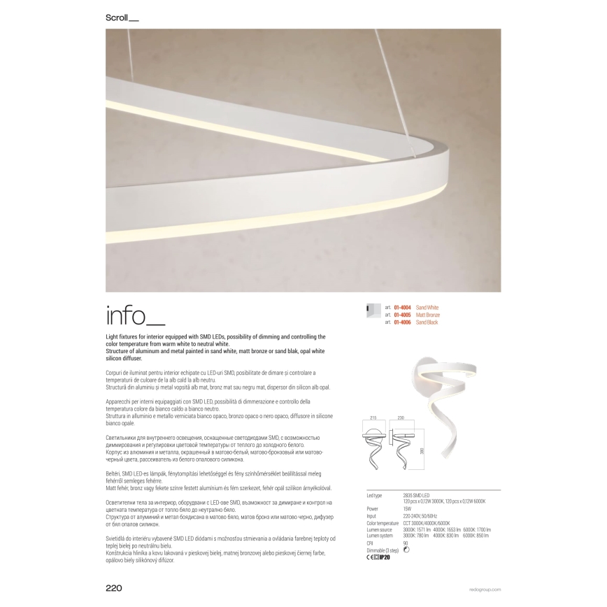Redo 01-4014 - Lustre LED dimmable sur câble SCROLL, 38 W, 230 V, 3000 K/4000 K/6000 K, IRC 90, Ø 60 cm, doré