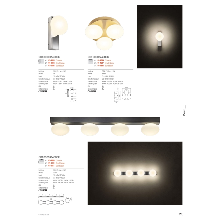 Redo 01-4308 - Plafonnier LED pour salle de bains OVUM 3x LED / 5W / 230V / 3000/4000K / IRC 90 / Ø 24 cm / IP44 / blanc/noir