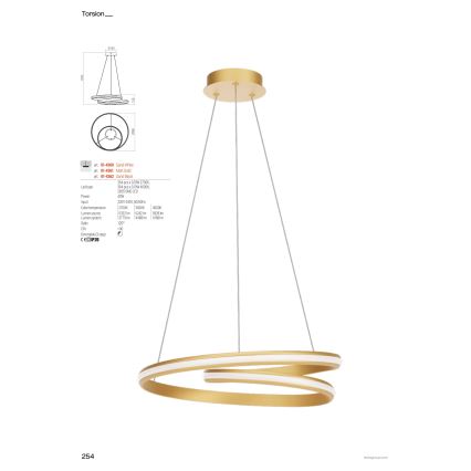 Redo 01-4361 - Lampadario LED dimmerabile a sospensione con cavo TORSION LED/40W/230V 2700/3000/4000K CRI 90 Ø 56 cm oro