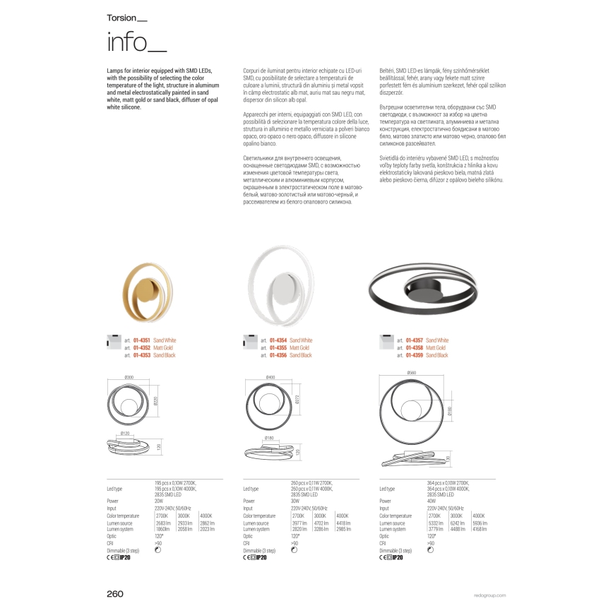 Redo 01-4361 - TORSION LED, dimmbare Pendelleuchte an Stahlseil, LED/40W/230V, 2700/3000/4000K, CRI 90, Ø 56 cm, goldfarben