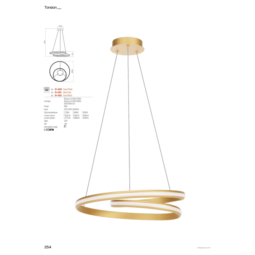 Redo 01-4361 - Suspension LED dimmable sur câble TORSION LED/40W/230V 2700/3000/4000K CRI 90 Ø 56 cm dorée