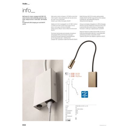 Redo 01-4475 - Lampe murale flexible WALLIE LED/3W/230V IRC 90 USB, finition bronze