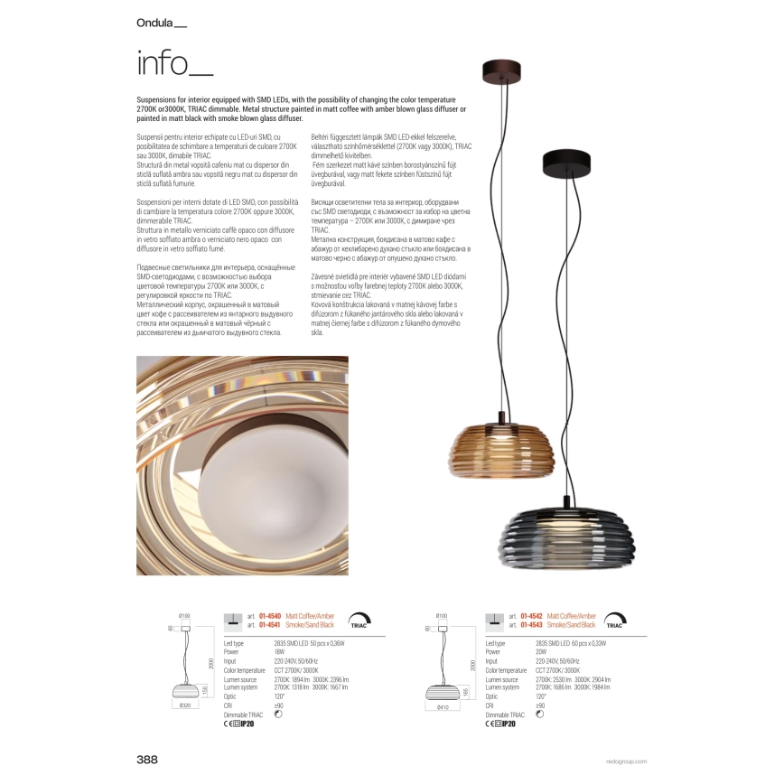 Redo 01-4543 - Lampadario LED dimmerabile sospeso su cavo ONDULA LED/16W/230V 2700K/3000K CRI 90 Ø 41 cm nero/fumé
