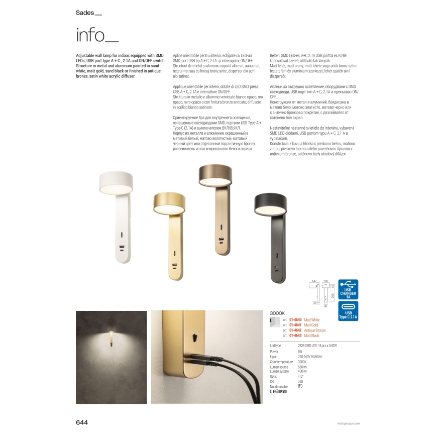 Redo 01-4641 - Applique murale LED SADES LED/6W/230V CRI 90 USB dorée