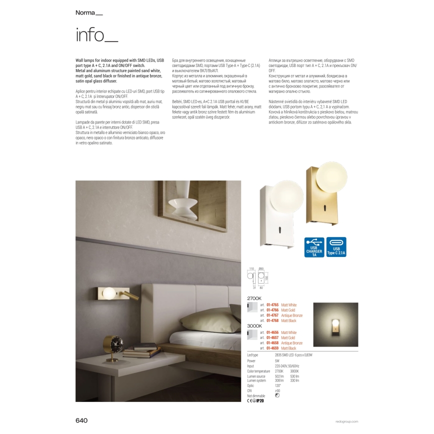 Redo 01-4659 - Lampada da parete a LED NORMA, 5W/230V, CRI 90, con porta USB, bianco/nero
