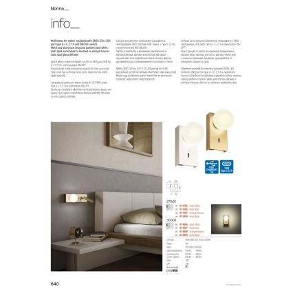 Redo 01-4660 - Applique da parete LED NORMA LED/5W/230V + LED/3W CRI 90 USB bianca