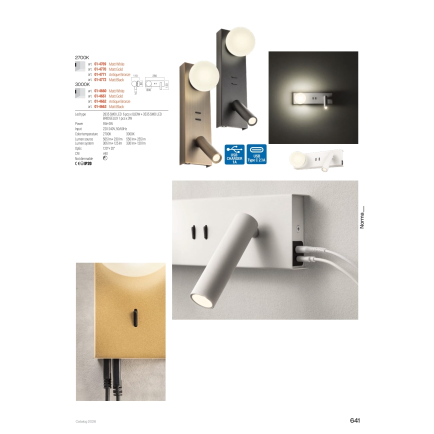 Redo 01-4661 - Applique murale LED NORMA LED/5W/230V + LED/3W IRC 90 USB blanc/doré