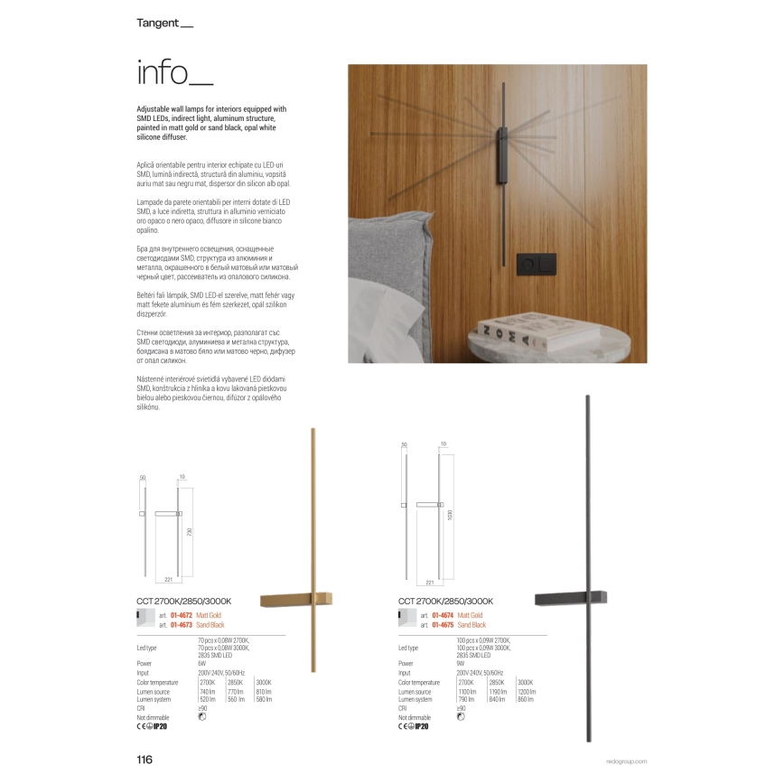 Redo 01-4674 - Applique da parete LED TANGENT LED/9W/230V 2700/2850/3000K 73 cm CRI 90 dorata